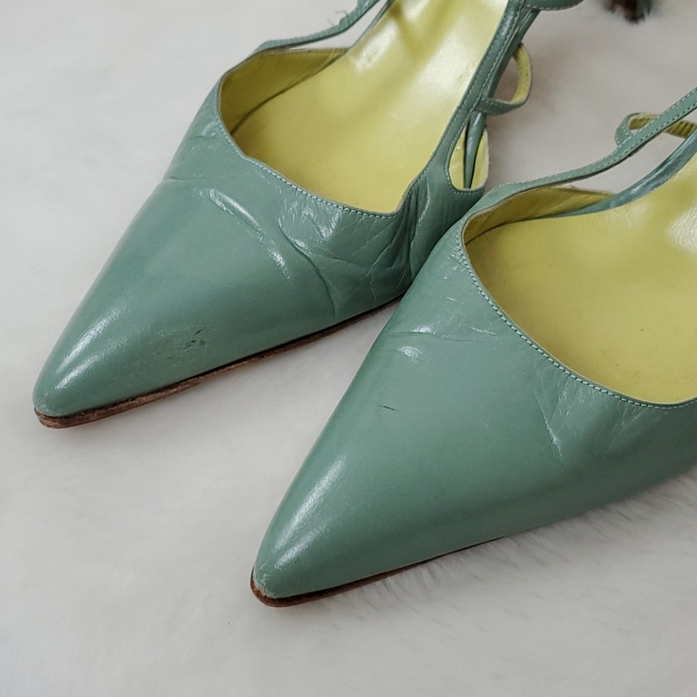 Manolo Blahnik green sling back shoes leather heel size 38 - Picture 10 of 14